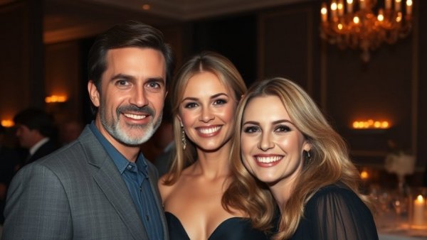 Elegant trio at event, smiling warmly, subtle lighting.