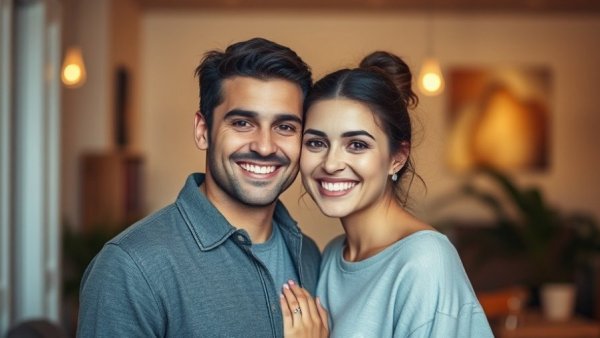 Smiling young couple posing indoors, warm lighting.
