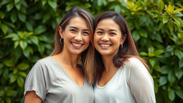Two women affectionately smiling against leafy background.
