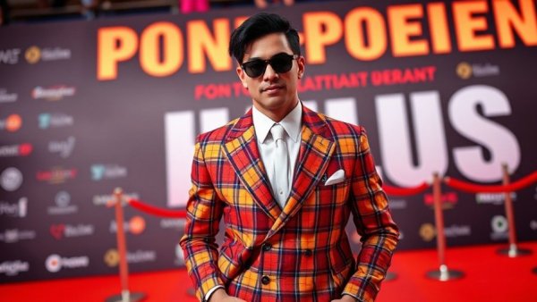Stylish figure in plaid suit on red carpet, LGBTQ+ news.