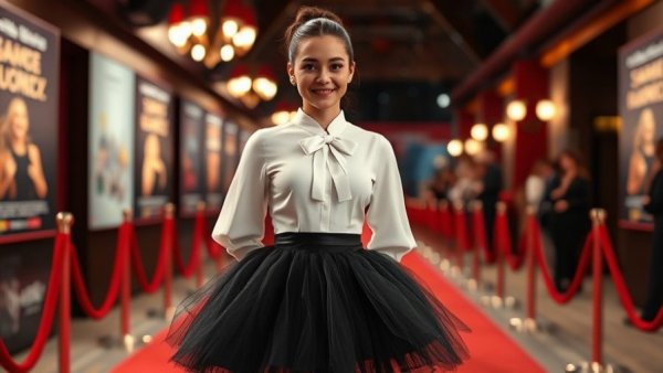 Stylish young woman on red carpet in black tutu and white blouse.