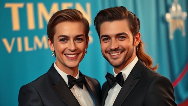 Elegant duo at film event, representing LGBTQ in film.