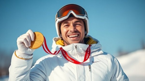 Smiling athlete with gold medal in snowy setting, Breezy Johnson gold medal broken.
