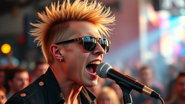 Dynamic performer singing passionately into microphone against colorful crowd, LGBTQ activism.
