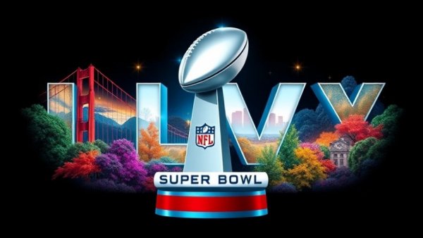 Vibrant Super Bowl LX graphic with colorful design elements.