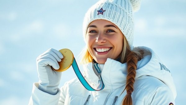 Olympic athlete Breezy Johnson smiling with gold medal in snowy setting.