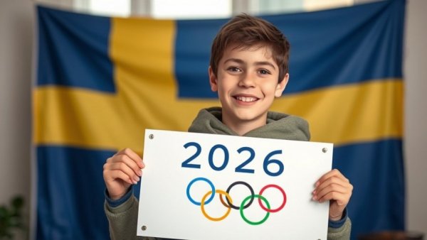 Trans athlete holding Winter Olympics 2026 sign with Swedish flag.