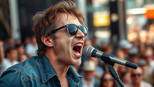 Musician performing live on stage, wearing sunglasses, vocal intensity.