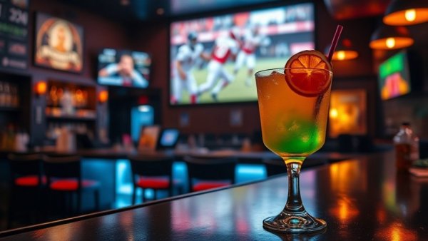Vibrant sports bar showing film; cocktail in foreground.