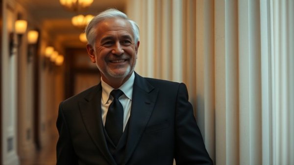 Elderly man in black suit in elegant hallway, warm lighting.