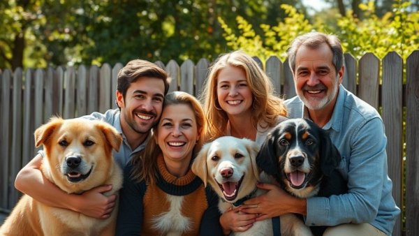 Happy LGBTQ family with pets in a garden, showcasing love.