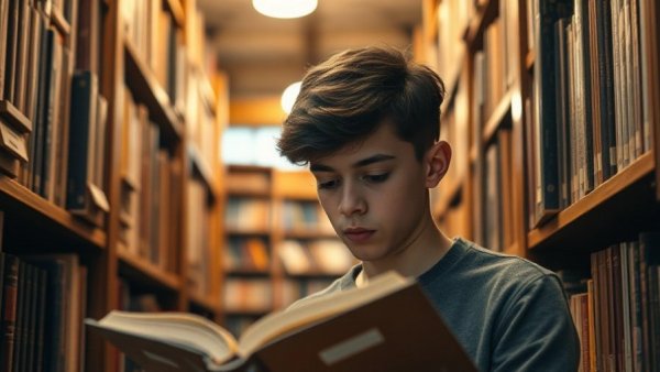 Young person reading LGBTQ+ literature in a library