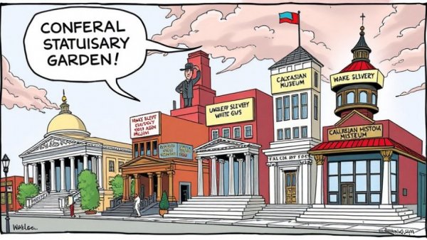 Satirical cartoon on Trump historical revisionism with faux museums.
