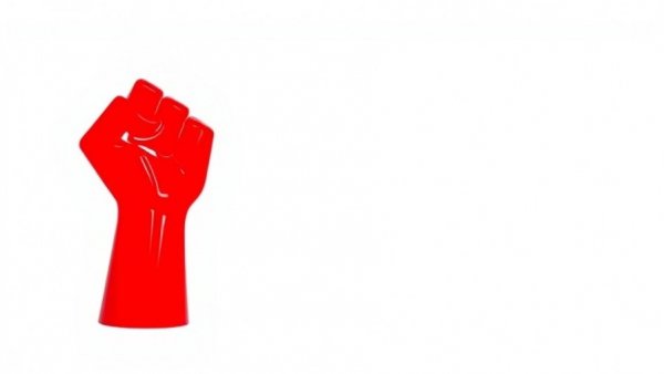 Bold red fist symbol on white background representing protest, corporate greed impact on democracy.