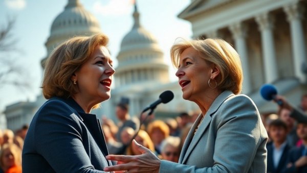 Woman passionately speaking at a podium with Capitol building backdrop.