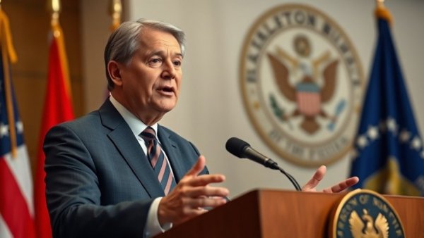 Fed chair speaking powerfully at a government podium with flags behind.