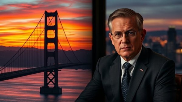 Split image of a bridge at sunset and a man in an office setting, emphasizing contrast.