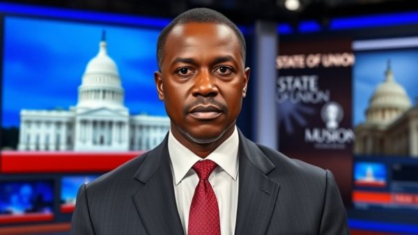 Black man in a suit on TV news set discussing political topic.