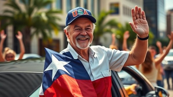 A man in a USA cap holding a Texas flag beside a car, engaging with crowd.