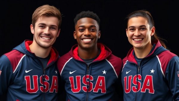 Three smiling athletes in USA jackets representing LGBTQ+ in sports.