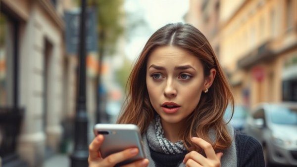 Young woman reads LGBTQ rights updates on smartphone in city.