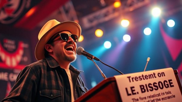 Passionate performer at political concert with drummer in background.