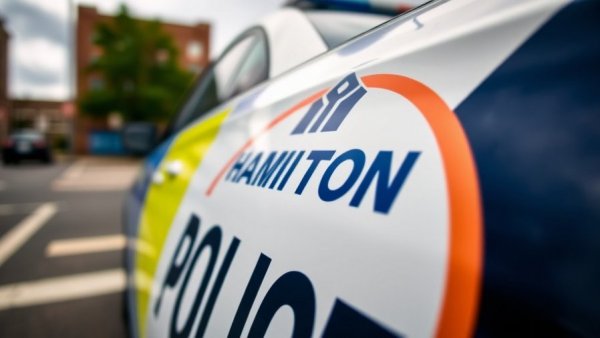 Close-up of Hamilton Police car logo in urban setting