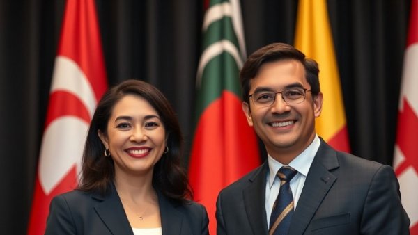 Professional event with two smiling individuals in front of flags, related to transgender sports participation news.