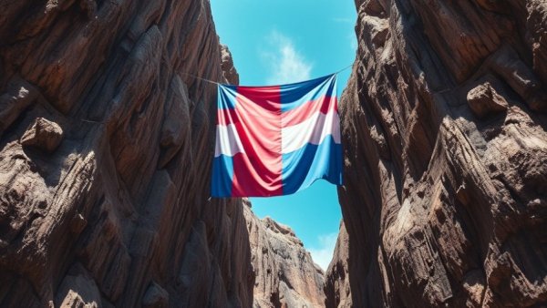 Trans pride flag hanging between rocky cliffs, trans rights news.