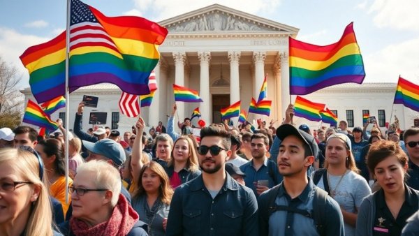 Crowd with flags at Supreme Court for gender-affirming care news.