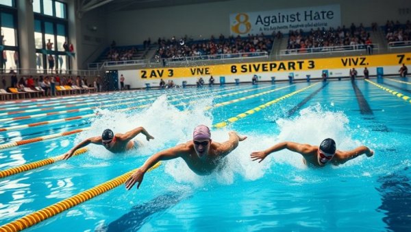 Swimmers diving into pool at Ivy League event alongside 'trans rights news'.