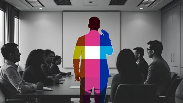 Transgender rights news meeting in black and white with colored overlay.