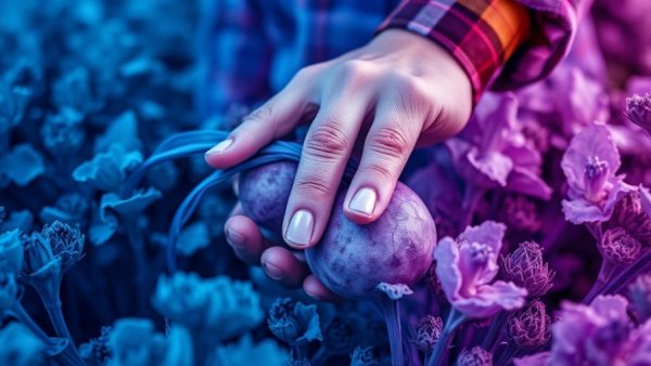 Collage of queer farmer and produce in blue and purple tones, agriculture theme.