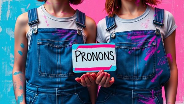 Artistic collage of non-binary service workers with pronoun badge.