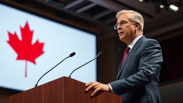 Speaker discusses conversion therapy ban with Canadian maple leaves in background.