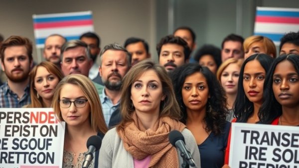 Diverse group at press conference advocating for transgender rights.