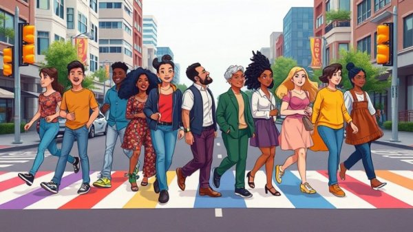 Diverse group on rainbow crosswalk symbolizing urgency of LGBTQ+ activism.