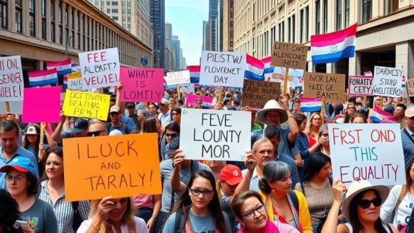 Protest for transgender rights with diverse crowd and signs, cityscape backdrop.