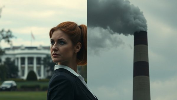 Report on Trump's EPA climate policy rollback showing a female news presenter and smokestack.