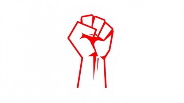 Bold red geometric fist symbol on a white background.