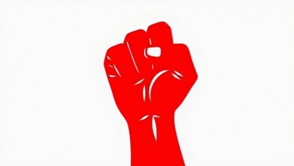 Abstract red fist symbol, bold design on white background.