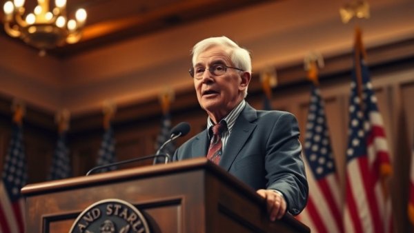 Older man speaking at podium, American flags in background, warm lighting.