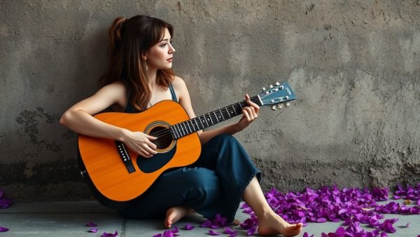 Serene woman with guitar playing music, vibrant environment.