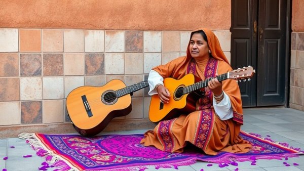 Musician in vibrant attire plays guitar, LGBTQ+ history.