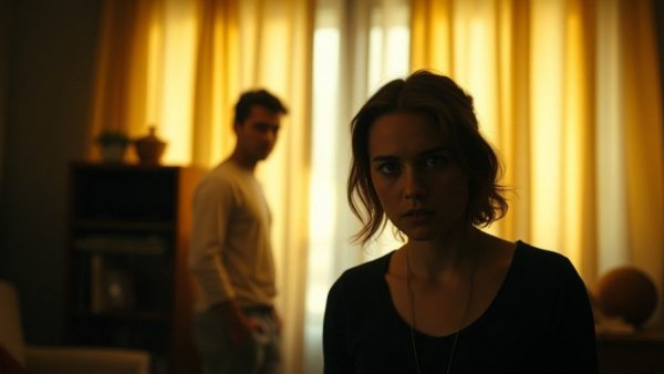 Young woman in warm-lit room with man behind, cinematic tension.