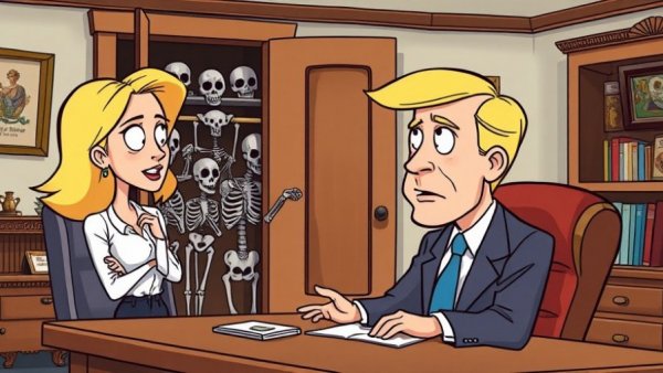 Cartoon of Pam Bondi and Trump with skeletons in closet, loyalty highlighted