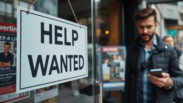 Help wanted sign in urban setting, street scene, smartphone user.