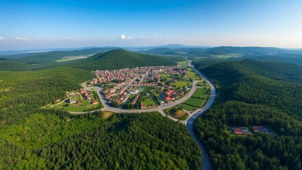 Scenic aerial view of Tumbler Ridge, lush greenery under blue sky.