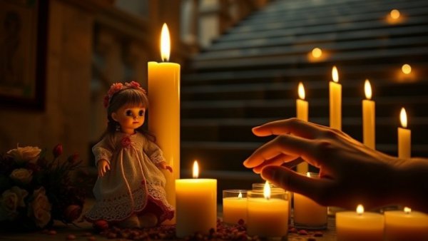 Tranquil candle vigil on steps with doll and reaching hand at Tumbler Ridge.