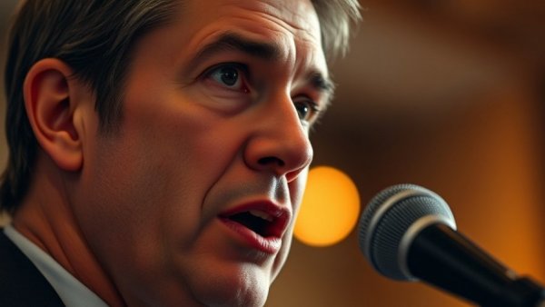 Close-up of a person speaking at a microphone with serious expression, Trump pardons NFL players.